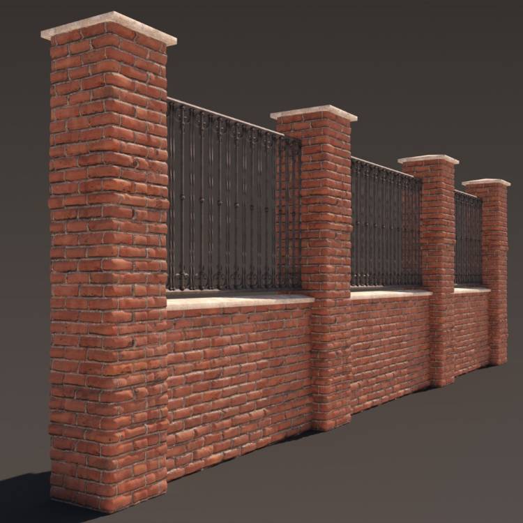 2 Red Brick Wall Fence 1 2m - Рендерированное изображение 1