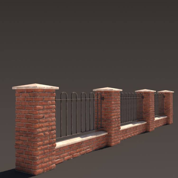 2 Red Brick Wall Fence 2 1m - Рендерированное изображение 1