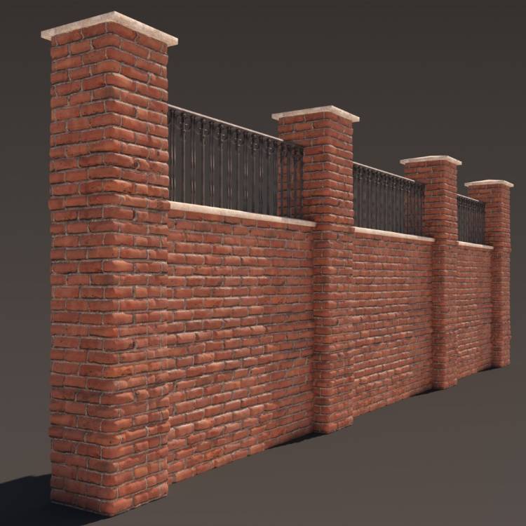 Red Brick Wall Fence 1 2m - Rendered Image 1