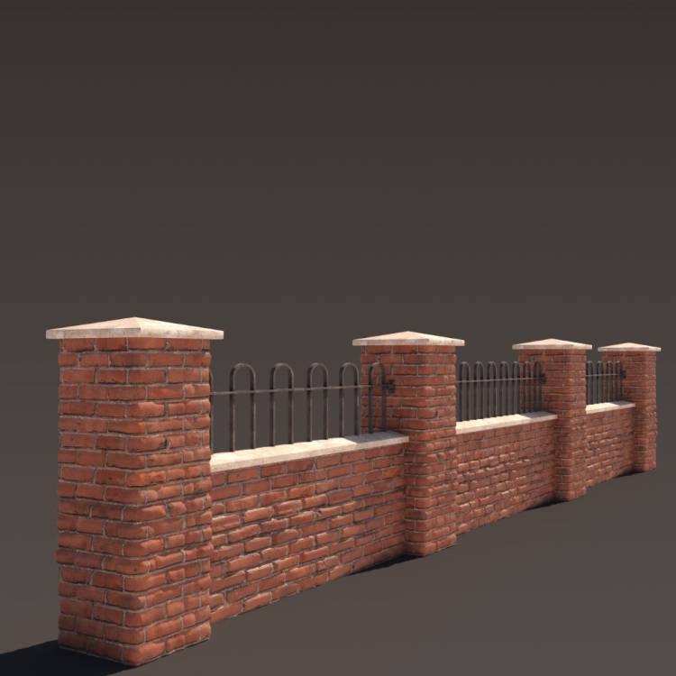Red Brick Wall Fence 2 1m - Рендерированное изображение 1