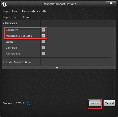Datasmith Import Options